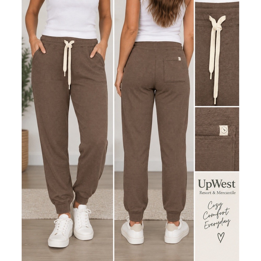 UpWest Resort & Mercantile L Brown Waffle Knit Jogger Pants Drawstring Cozy